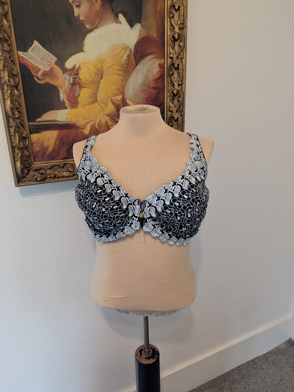 Black Bra with White Floral Lace Overlay — Supportive Underwire